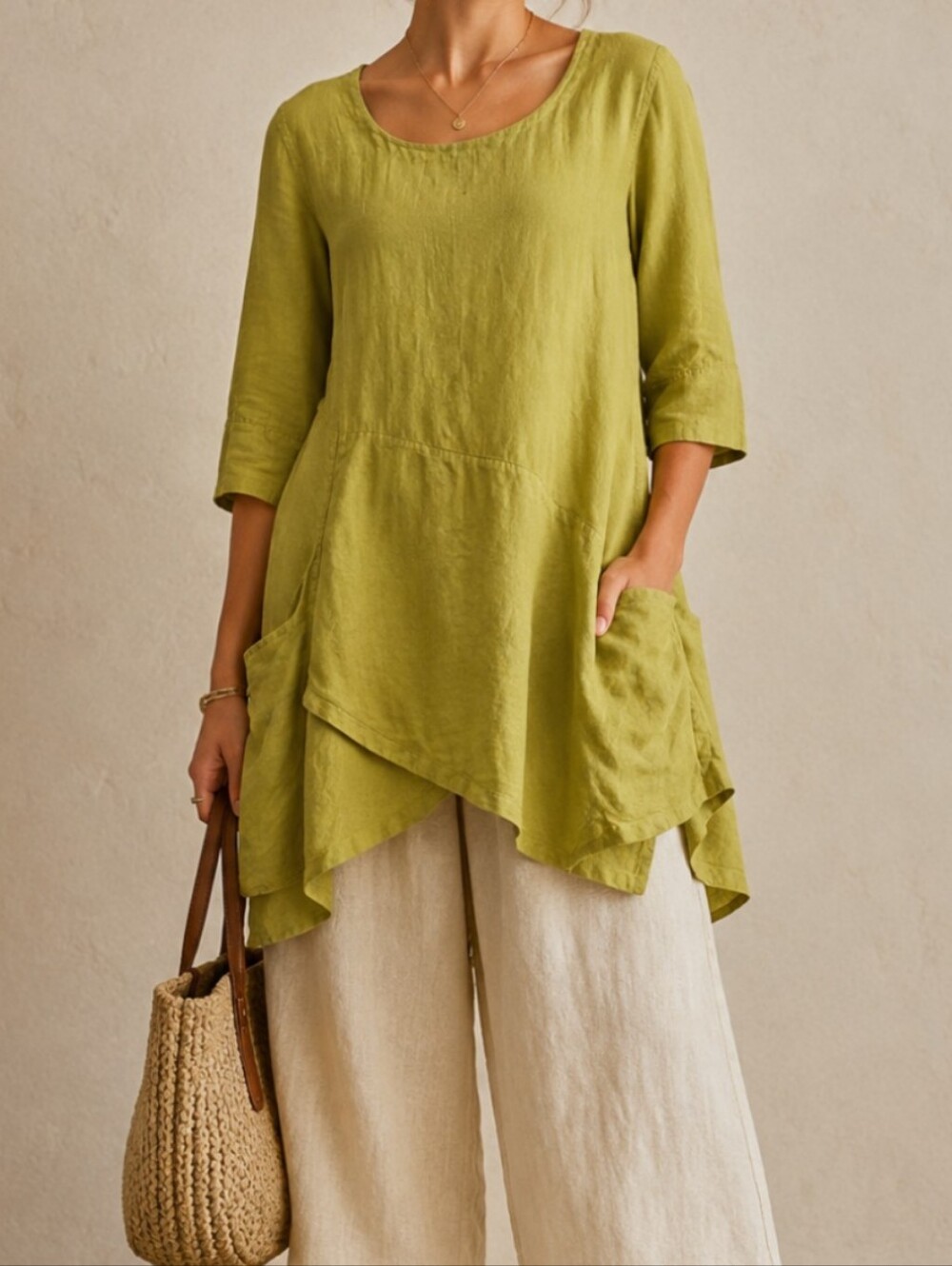 Linen 100% Green Assymetrical Eclectic Top XL